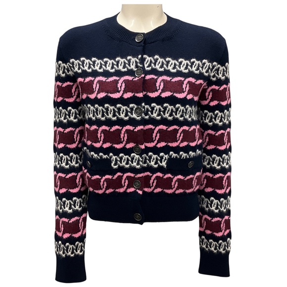 CHANEL NAVY BLUE / BURGUNDY / PINK / WHITE 2023 CC LOGO BUTTON CASHMERE KNIT CAR - Picture 1 of 7